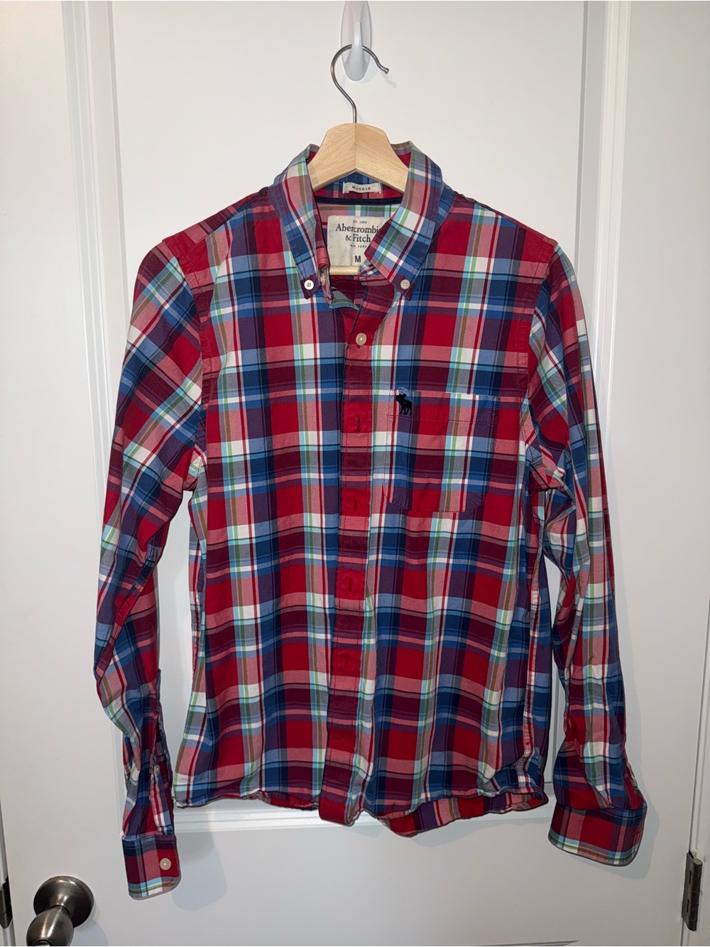 Abercrombie & Fitch Men's Red Blue Plaid Button-Down Shirt